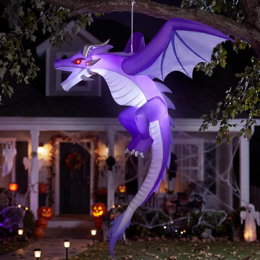 5FT Tall Halloween Inflatable Flying Purple Dragon Decoration with Built-in LED Lights Blow Up Flying Purple Dragon for Hanging Porch Tree Eave Yard Lawn Garden, Spooky Halloween Decor