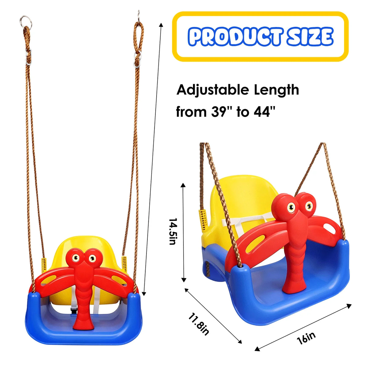 Baby Swing Seat 3‑in‑1 Toddler Swing with Dragonfly Safety Guard, Outdoor Indoor Kids Swing for Backyard Playground