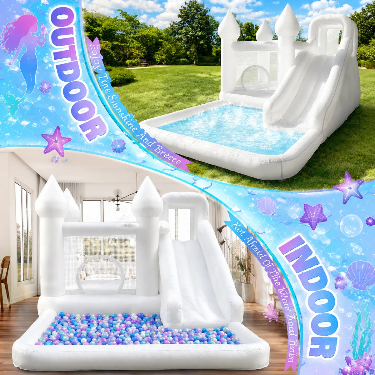 VANCEN 14FT Spire-Top Inflatable Bounce House White with Slide Large Ball Pit Middle Play Zone Portable Bouncy Castle for Kids Birthday/Party