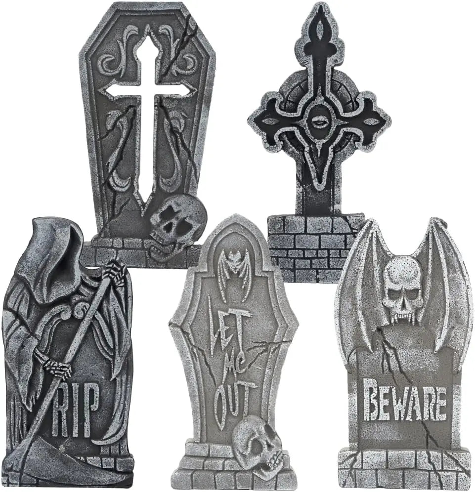 17" Halloween Graveyard Foam Headstones Halloween Decorations Outdoor Tombstones 5 Pack  Decor with 12 Metal Stakes for Prop Cemetery Yard Lawn Decorations, Party Supplies