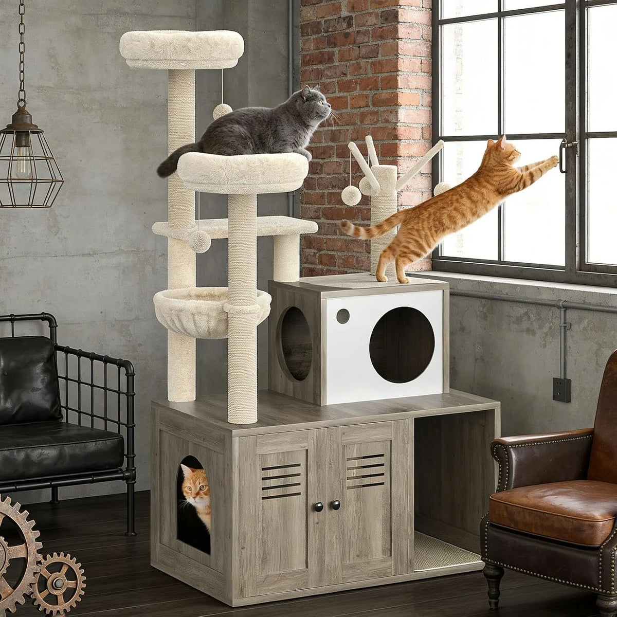 Modern Cat Tower With Integrated Litter Box Enclosure And Hammock