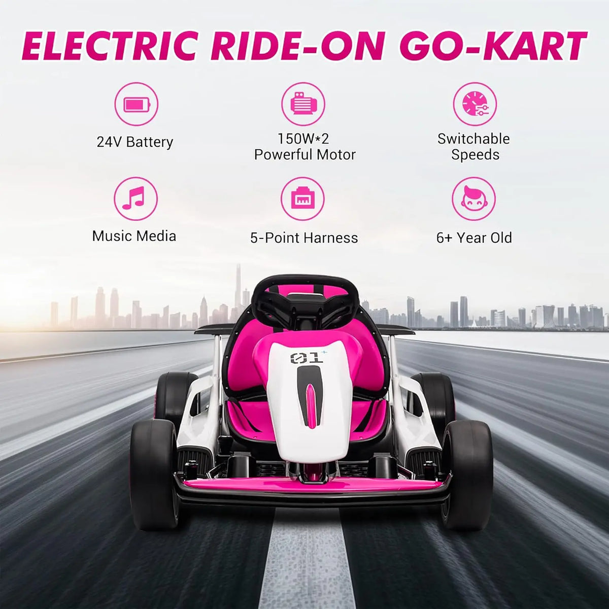 24V Electric Gokart For Children 6-12 Years, Drift Kart With Adjustable Seat, 2 x 200W Motors, 7Ah Battery, Up to 13 Km/h, Up to 45 kg, LED, USB And FM Radio, Seat Belt