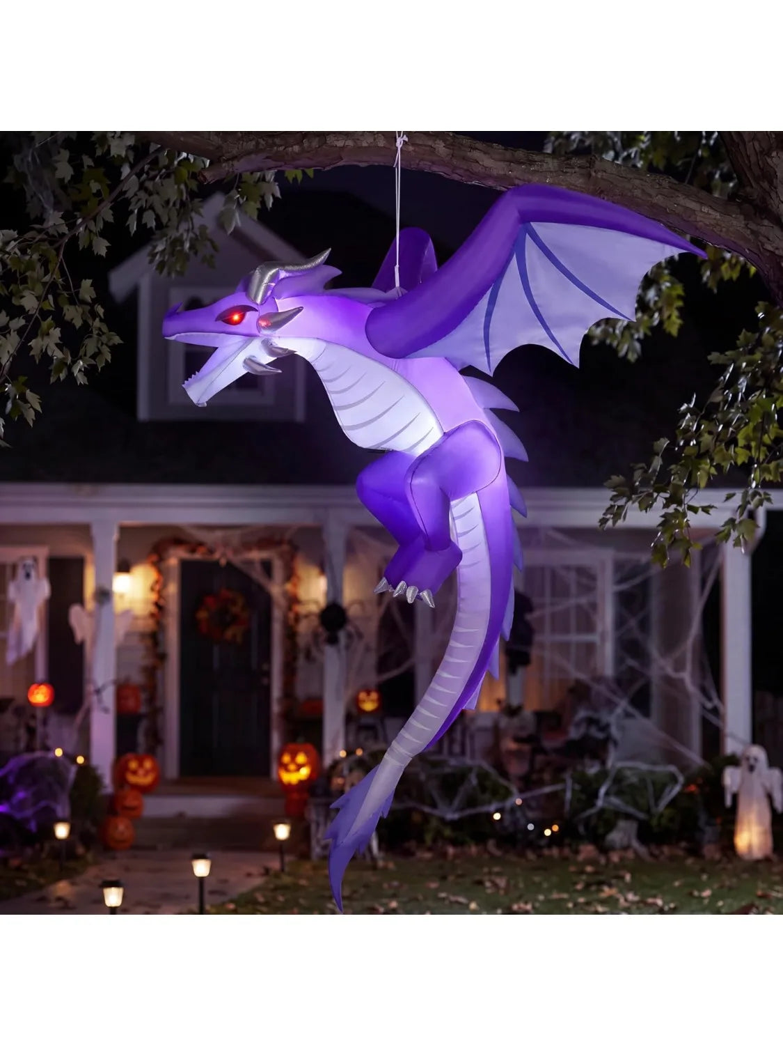 5FT Tall Halloween Inflatable Flying Purple Dragon Decoration with Built-in LED Lights Blow Up Flying Purple Dragon for Hanging Porch Tree Eave Yard Lawn Garden, Spooky Halloween Decor