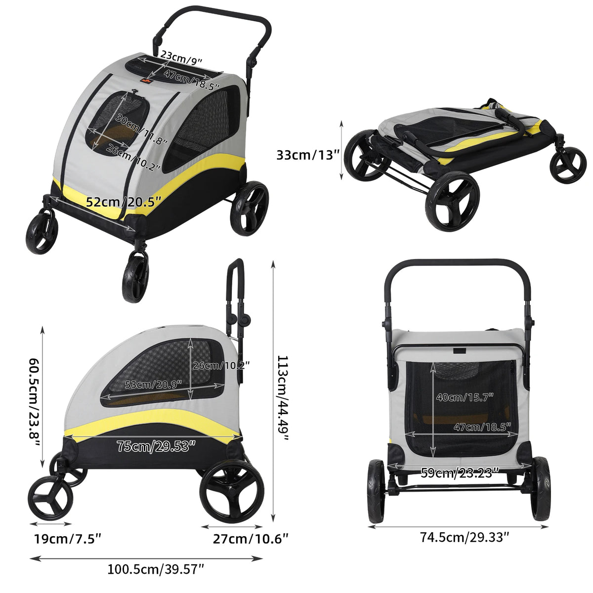 Four Wheeled Foldable Pet Stroller With Breathable Mesh Panels