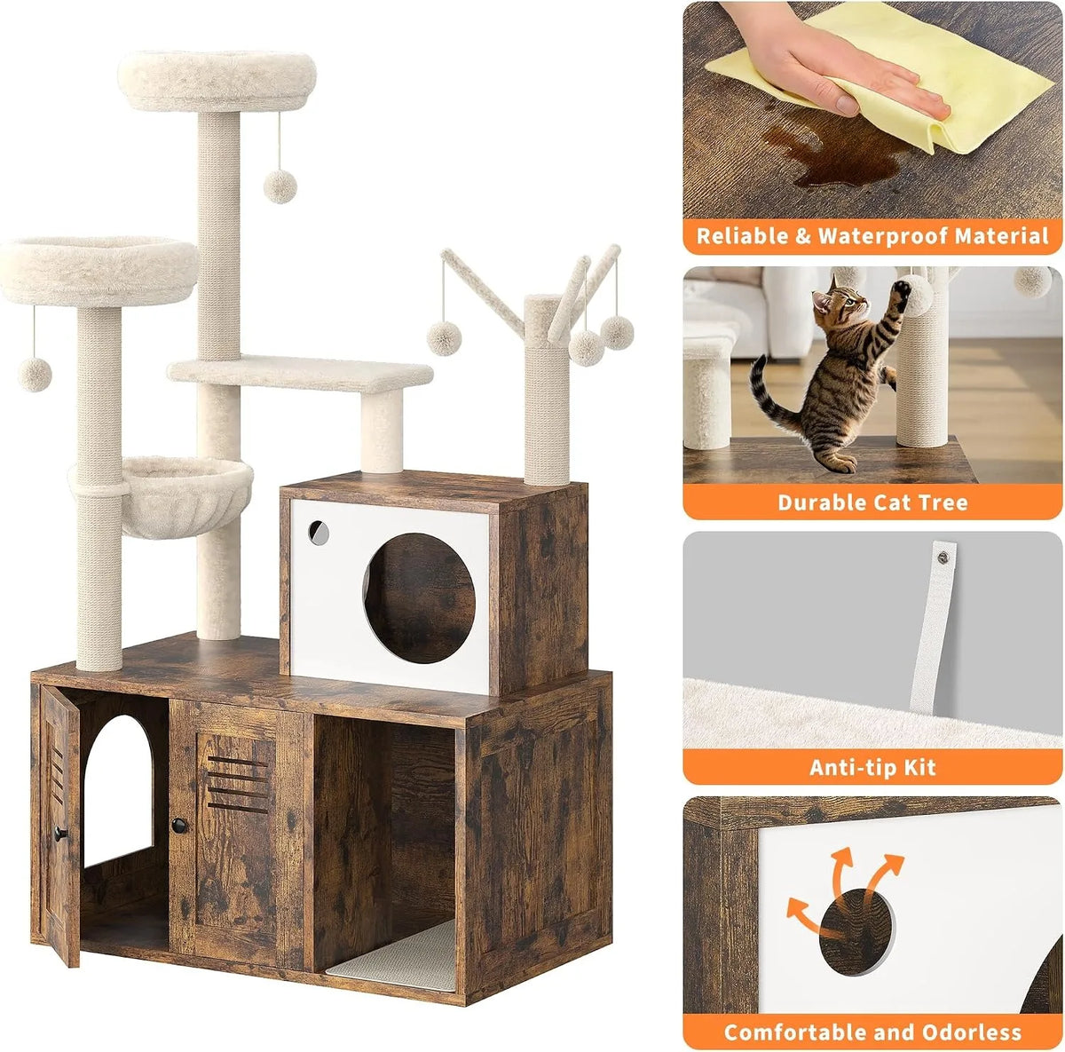 Modern Cat Tower With Integrated Litter Box Enclosure And Hammock