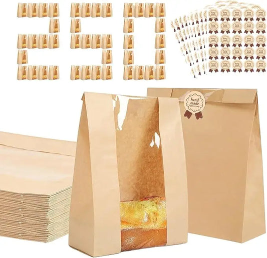 250 Pack Kraft Paper Bread Bags Featuring Clear View Windows