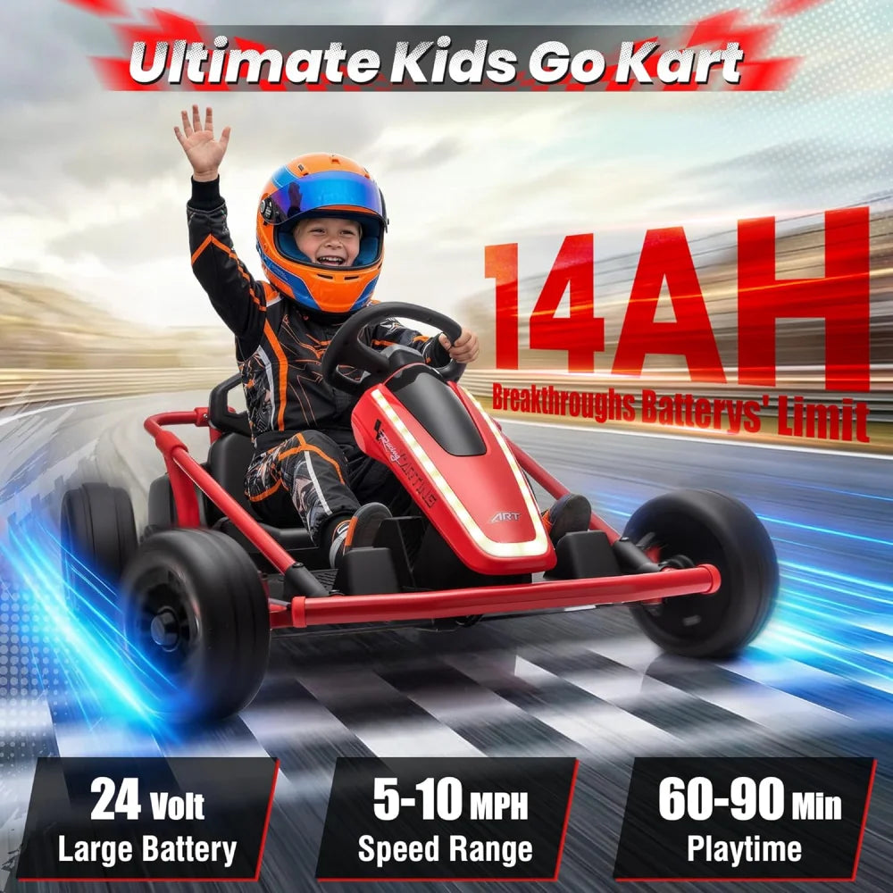 24V Kids Electric Go Kart Dual Motor Ride On Car with Remote Control, 5-10MPH 3 Speed Drift Kart for Kids, Bluetooth Music LED Lights, Max Load 135Lbs Outdoor Ride On Toy Vehicle Gift