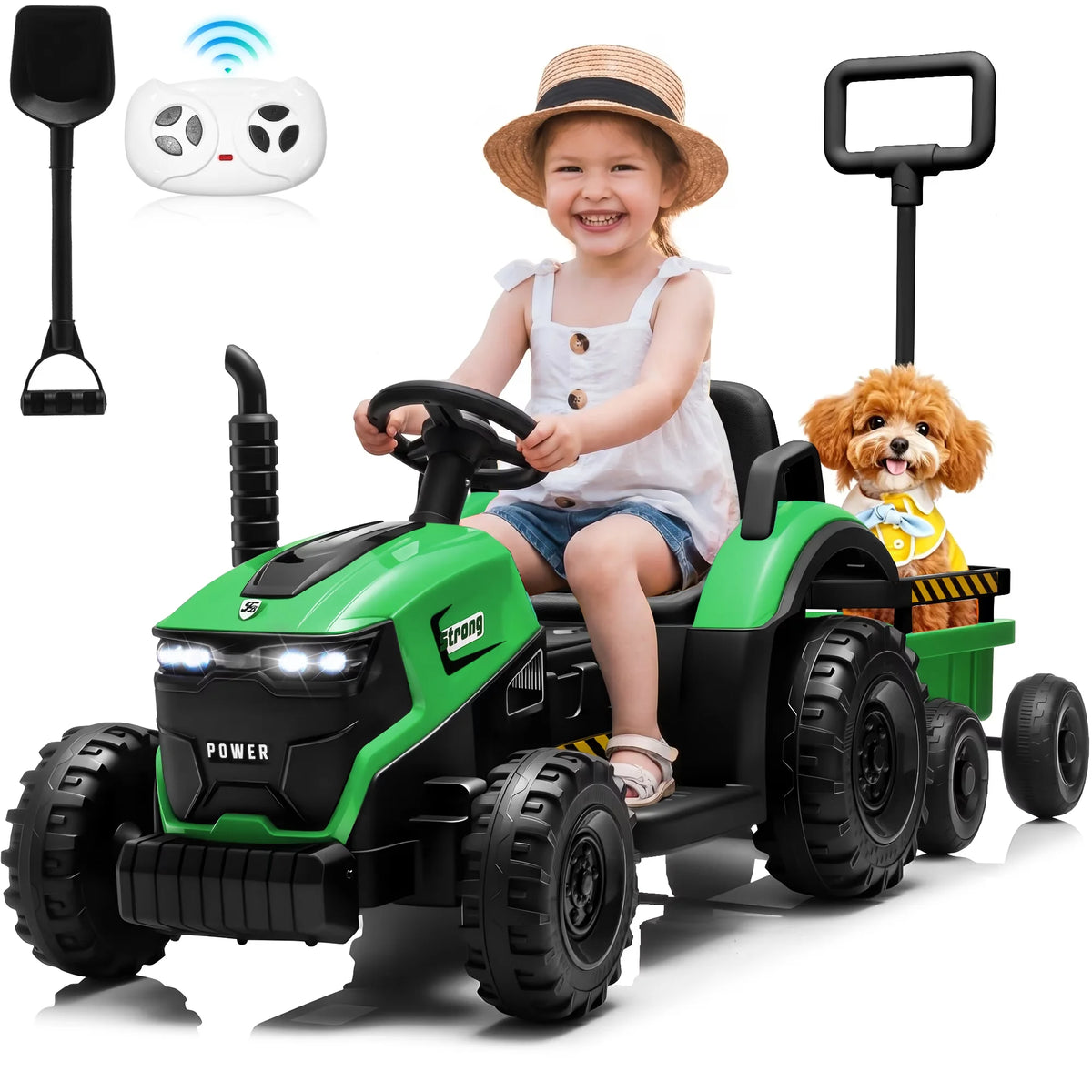 12V Kids Electric Ride On Tractor With Removable Trailer, Remote Control & Manual Drive 2 Modes, Bluetooth Music LED Light, Children Farm Ride‑on Car Toy Holiday Gift for Kids Boys Girls