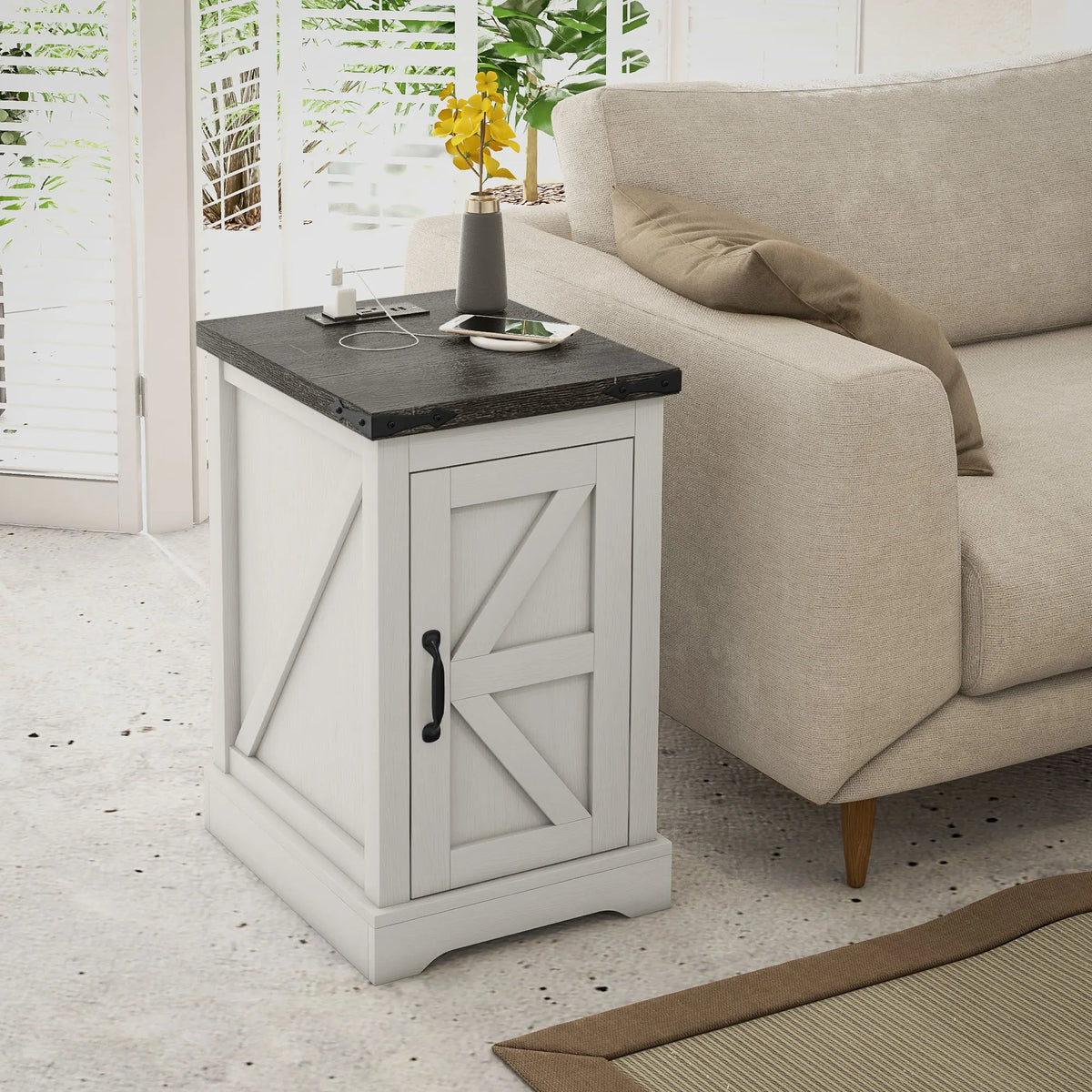 HOMCOM Farmhouse End Table With Charging Station and USB Ports