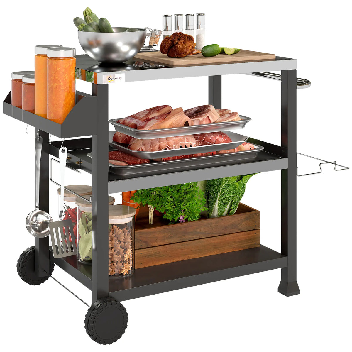 Outsunny 3 Shelf Stainless Steel Outdoor Grill Cart With Wheels