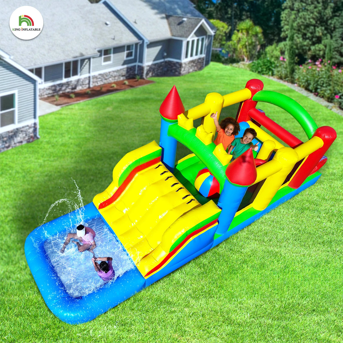 King Inflatable Macaroon Water Slide And Ball Pool Play Center