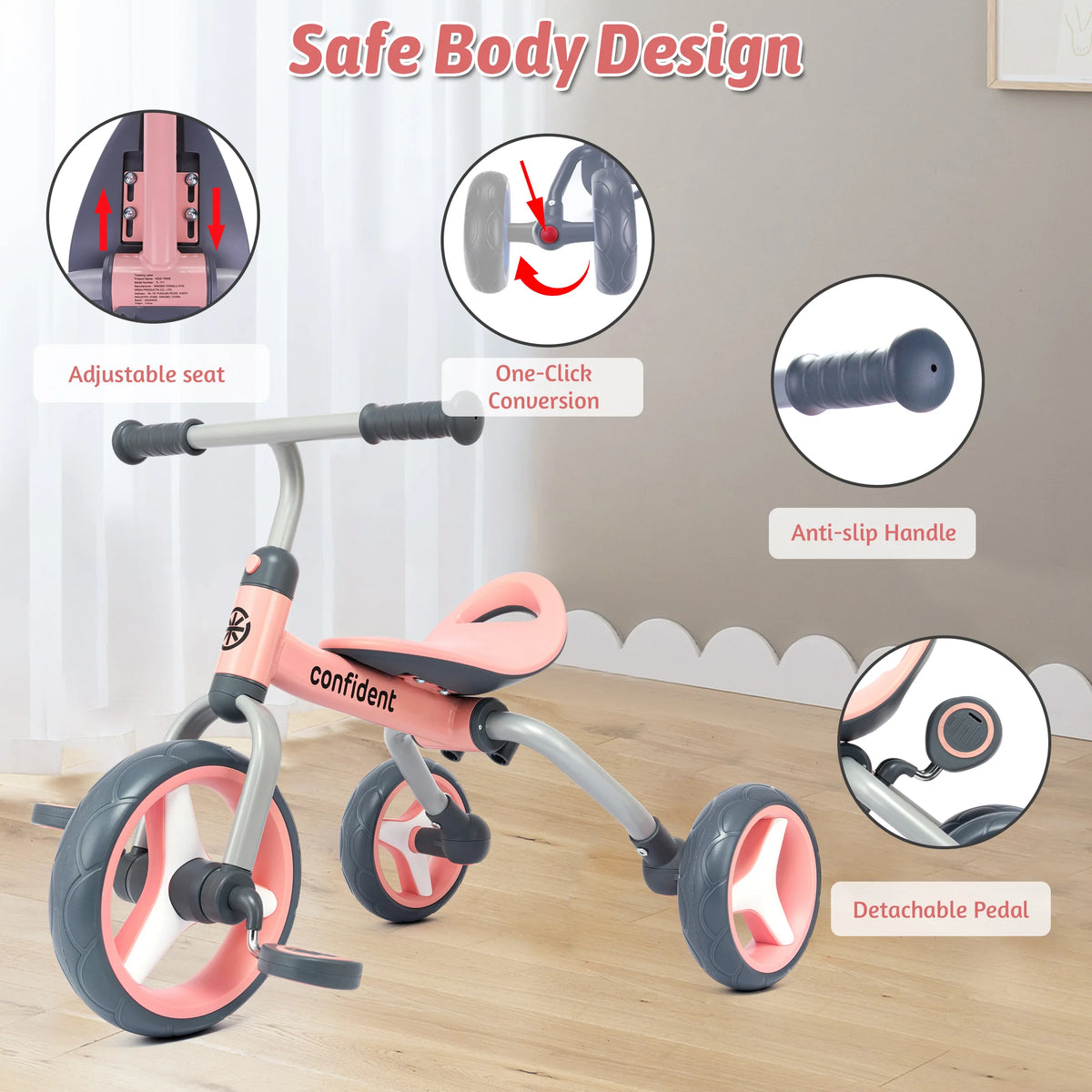 4 in 1 Toddler Tricycle & Balance Bike, Kids Ride On Toy with Detachable Pedals, Adjustable Seat, Indoor Outdoor Baby Trike for Boys Girls 1-4 Years Old, Birthday Gift