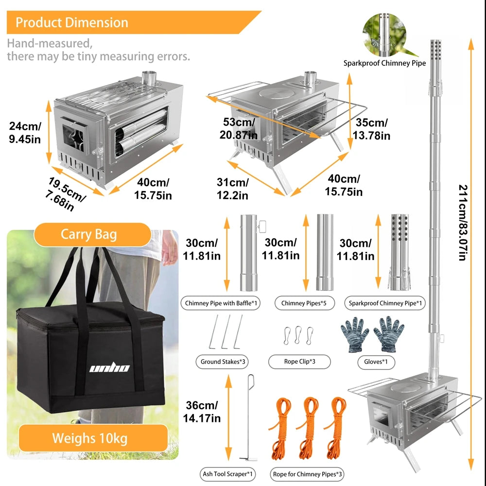 Stainless Steel Portable Wood Burning Camping Stove With Chimney Pipes