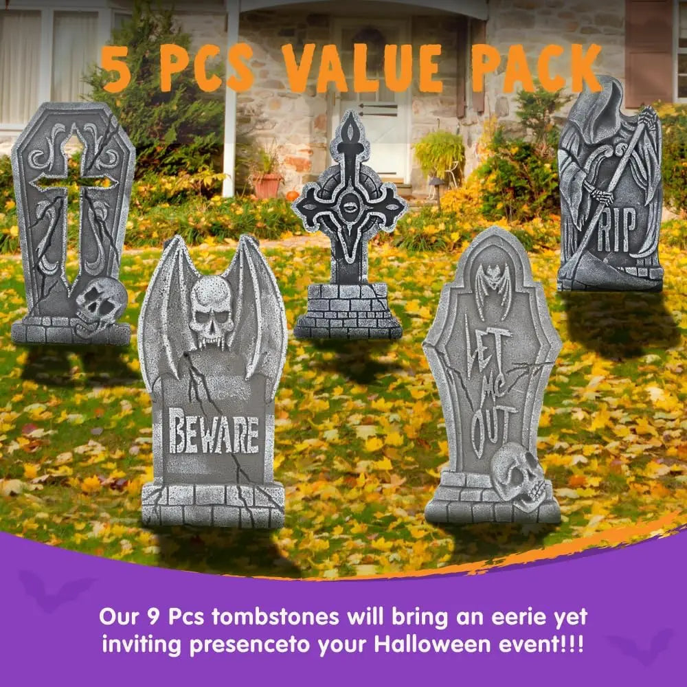 17" Halloween Graveyard Foam Headstones Halloween Decorations Outdoor Tombstones 5 Pack  Decor with 12 Metal Stakes for Prop Cemetery Yard Lawn Decorations, Party Supplies