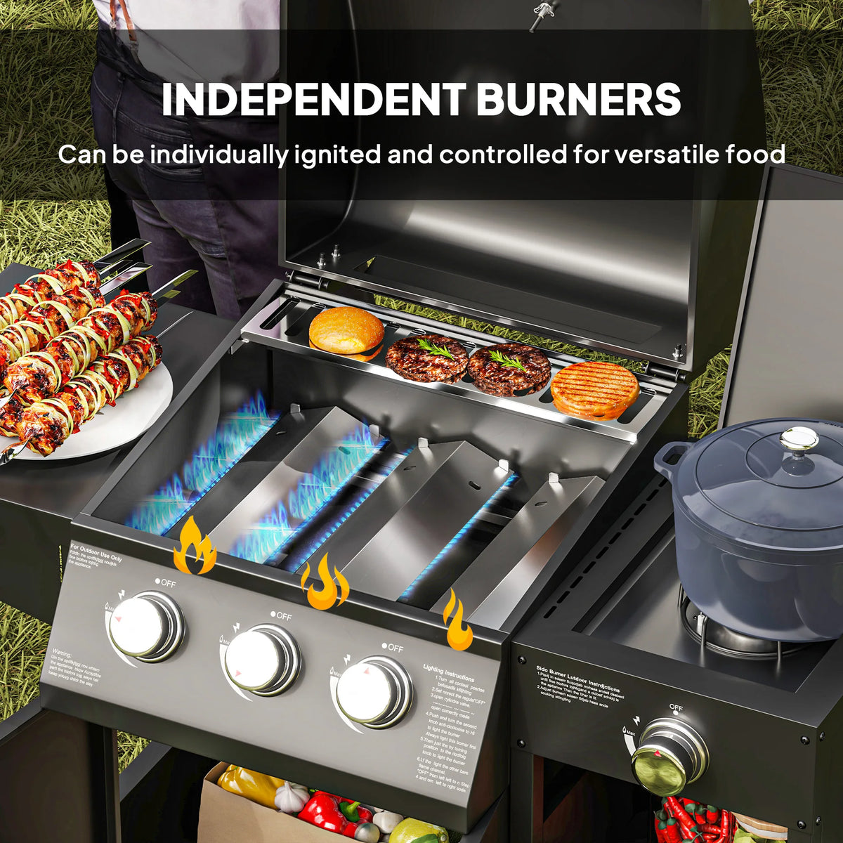 Outsunny 3 Burner Gas Grill With Side Burner And Shelves