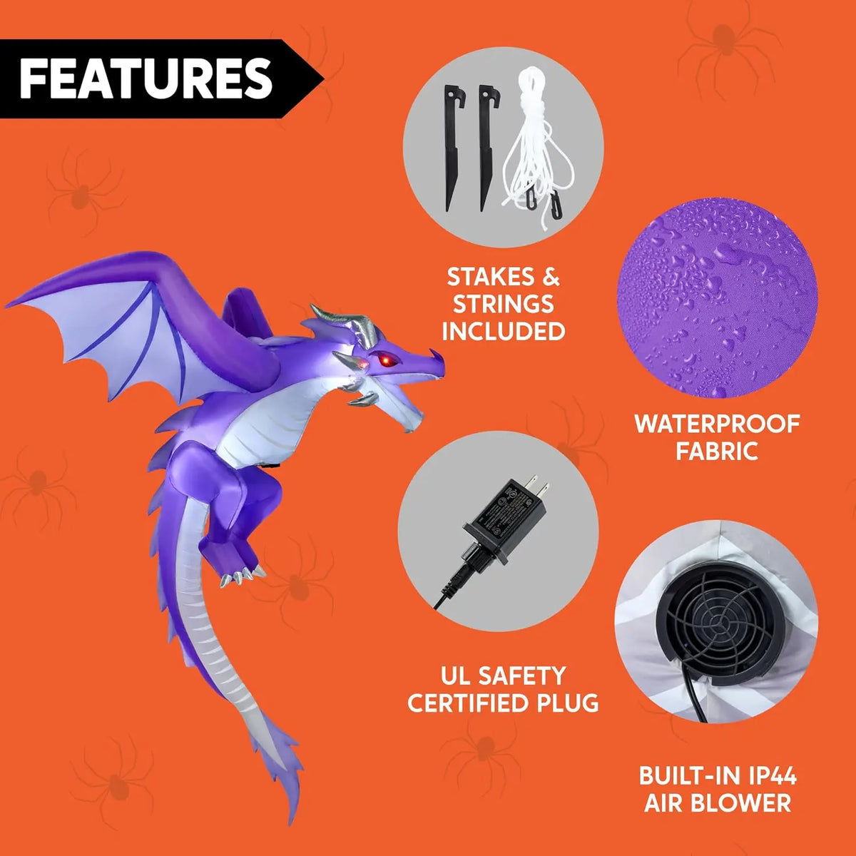 5FT Tall Halloween Inflatable Flying Purple Dragon Decoration with Built-in LED Lights Blow Up Flying Purple Dragon for Hanging Porch Tree Eave Yard Lawn Garden, Spooky Halloween Decor