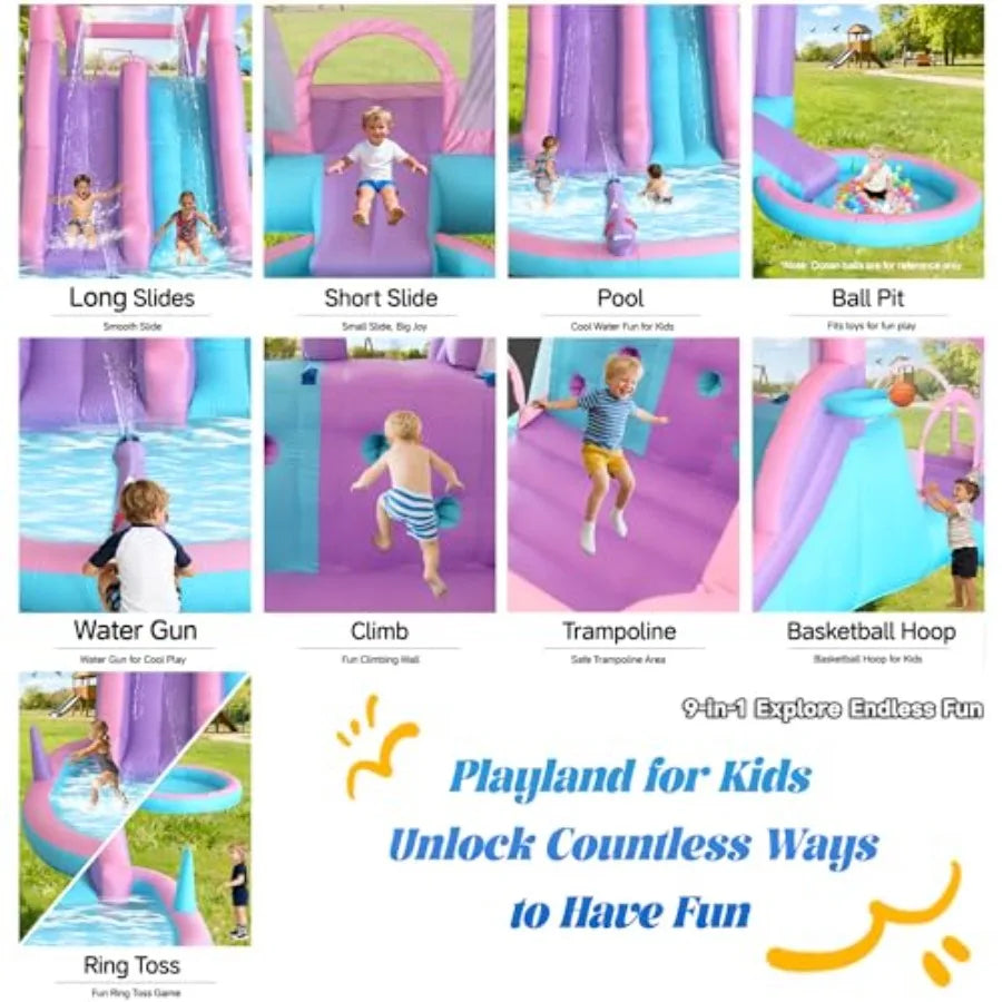 Backyard water park for kids ages 3-8: inflatable bounce house with 3 slides, splash pool, water cannon, ball pit, basketball h