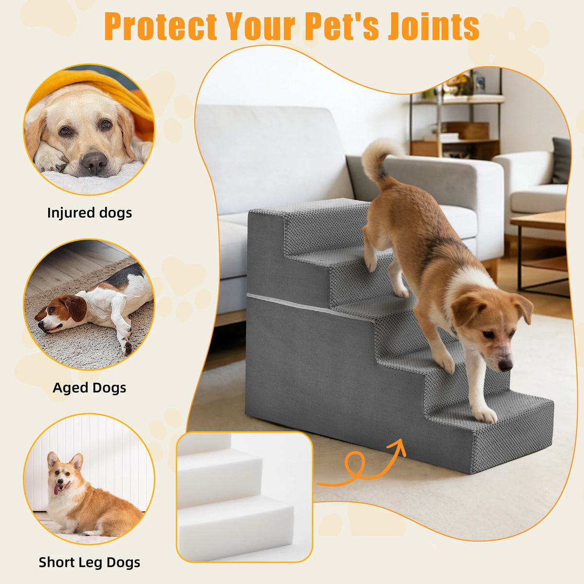 JHK Padded Foam Dog Stair Ramp With Non Slip Design