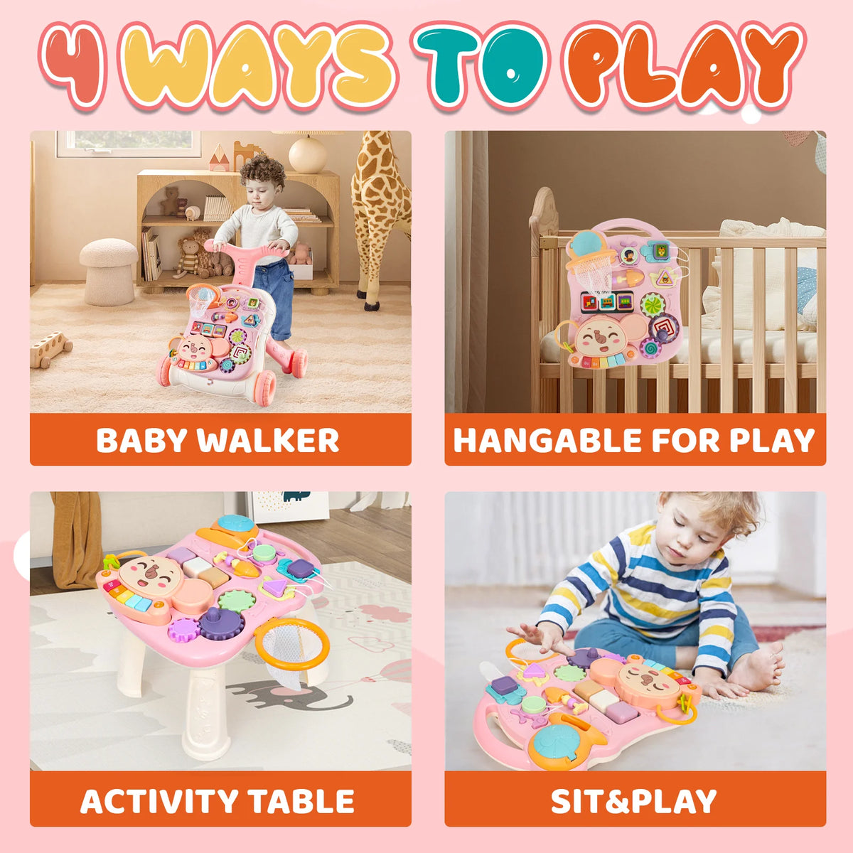 3-In-1 Multifunctional Scientific Early Learning Walking Cart, an Interactive Push Toy Designed to Assist Toddlers in Walking, Featuring Gentle Music, Adjustable Speed, Non-Slip Wheels, And an Educational Activity Center