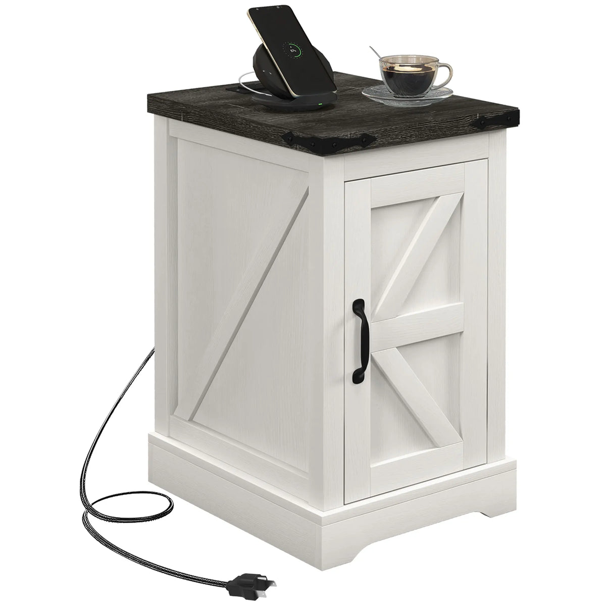 HOMCOM Farmhouse End Table With Charging Station and USB Ports