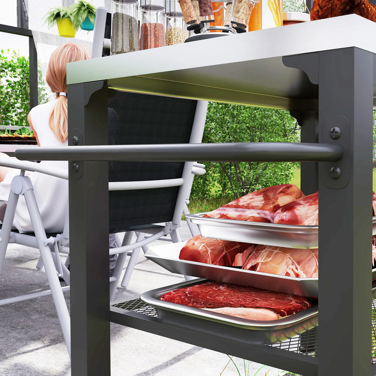 Outsunny Stainless Steel Outdoor Movable Grill Cart Food Prep Table