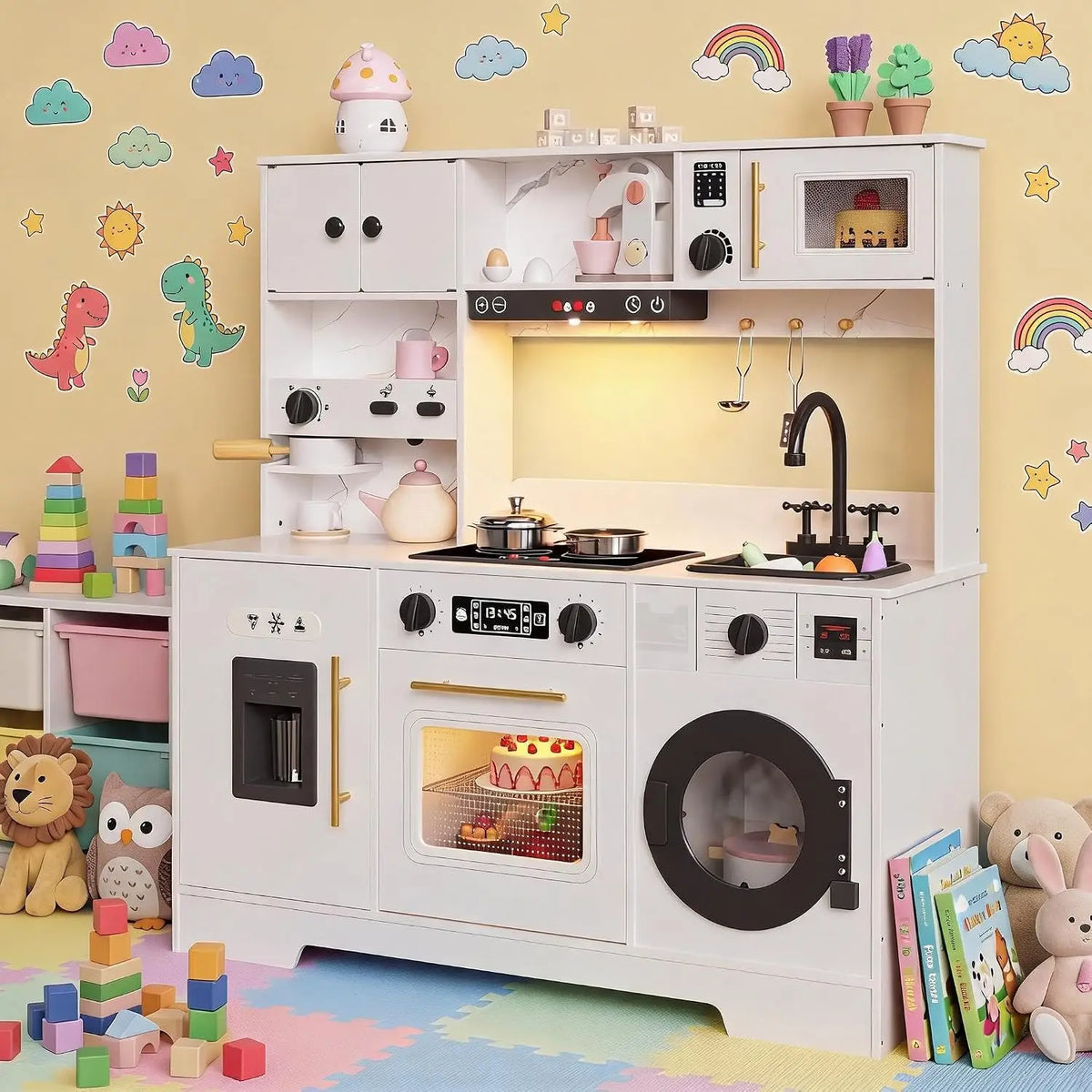 8-in-1 Wooden Play Kitchen Set For Kids gift With Lights Sounds,  Ice Maker, Coffee Machine, Washer, 11 Accessories & Storage, Ages 3+