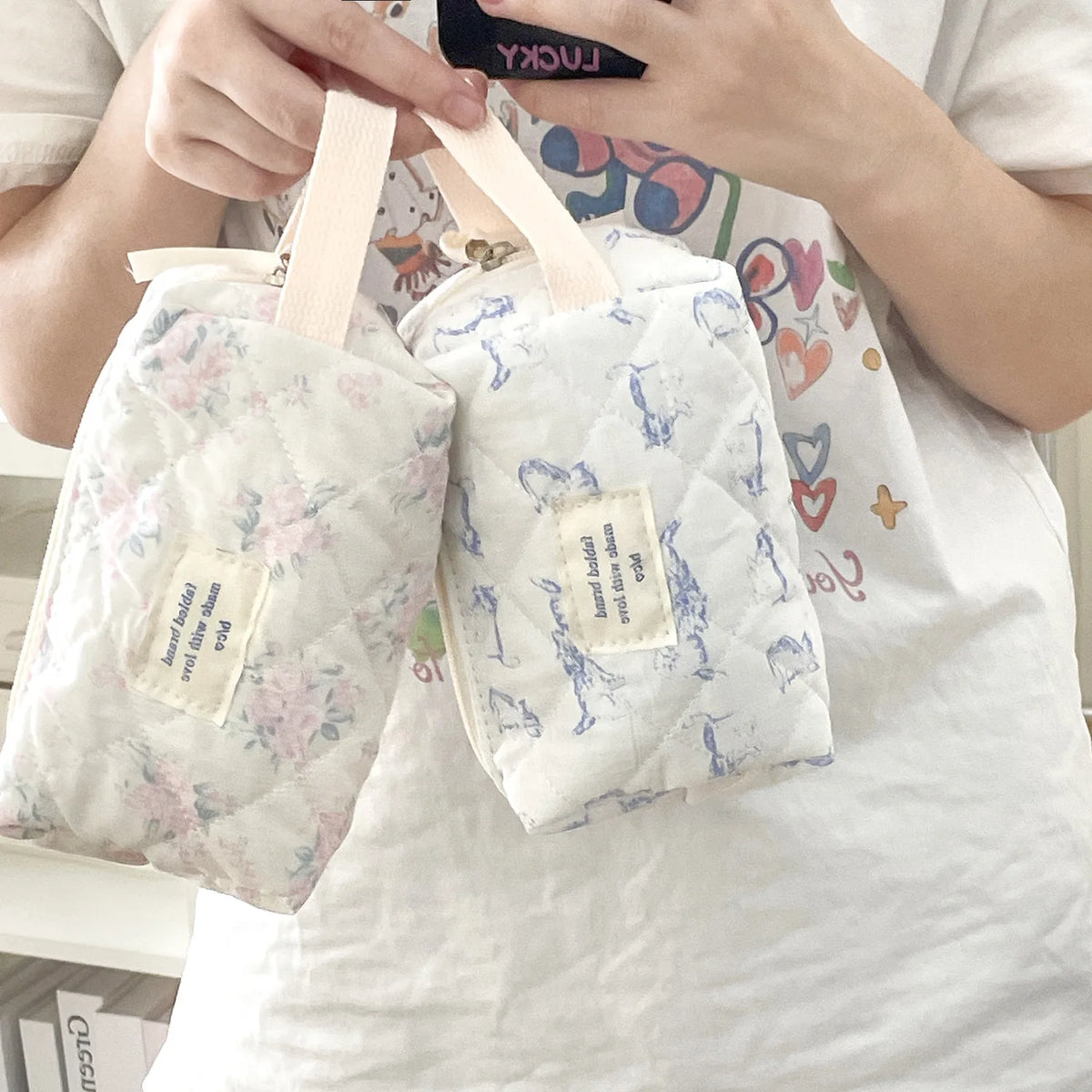 Vintage Quilted Cotton Floral Travel Makeup Cosmetic Bag For Women