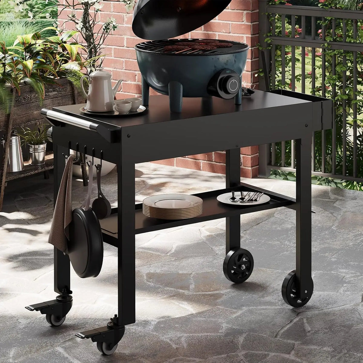 Tacleekii Folding Grill Cart with Stainless Steel Worktop and Wheels