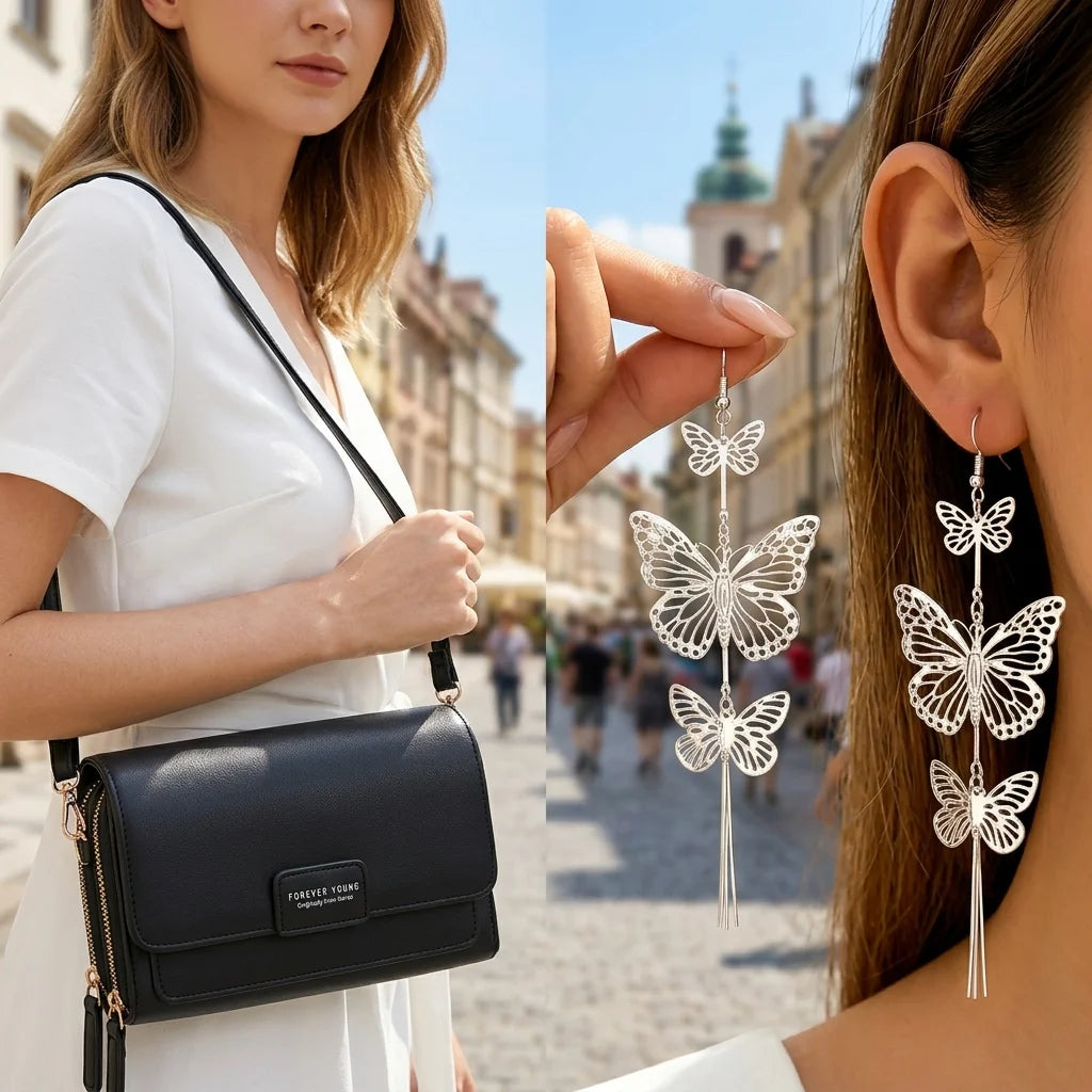 Elegant Women Crossbody Bag With Butterfly Drop Earrings