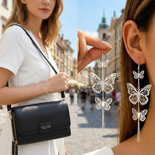 Elegant Women Crossbody Bag With Butterfly Drop Earrings