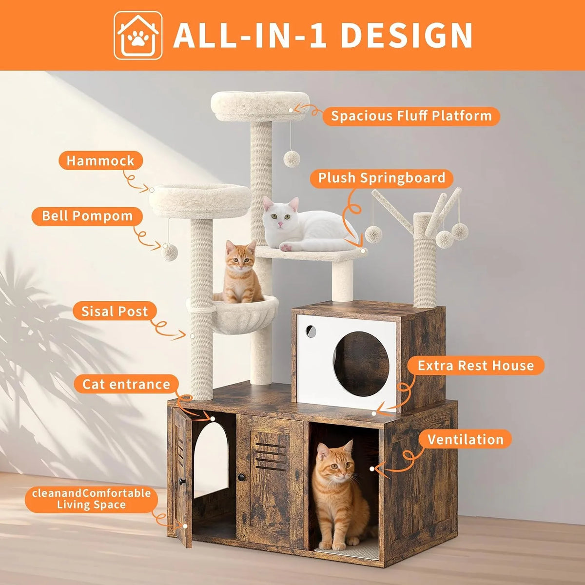 Modern Cat Tower With Integrated Litter Box Enclosure And Hammock