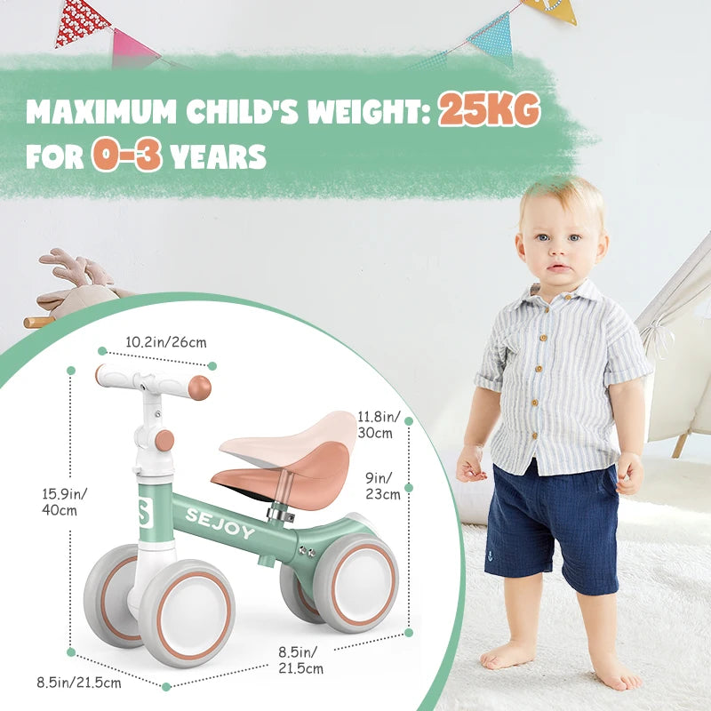 SEJOY Baby Balance Bike Ride Toy for Children,Pedal-free 4-Wheels Baby Toddler for 1-3 Year Lightweight Ride-on Walker for Boys Girls Birthday Gift