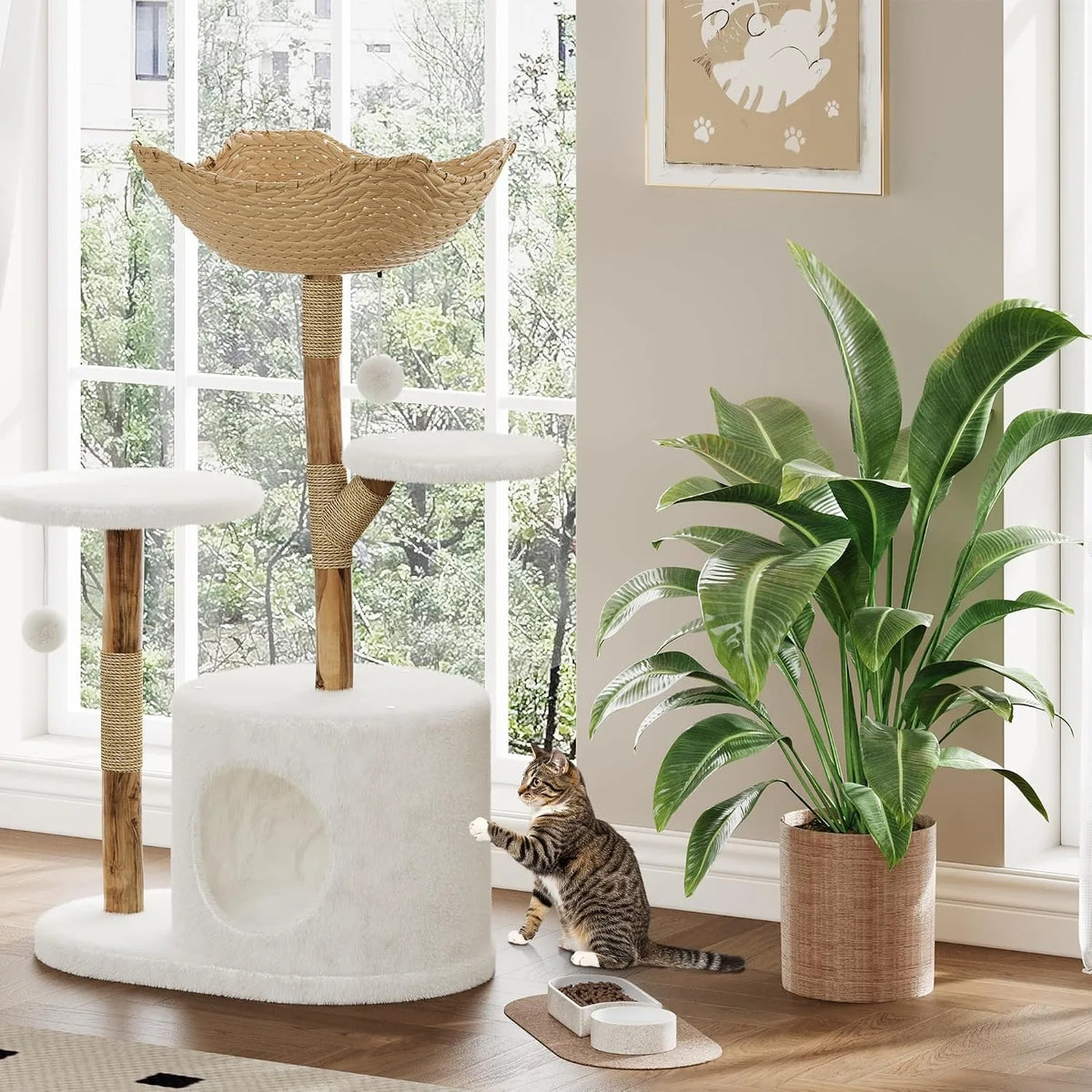 Indoor Wooden Cat Tree With Rattan Perches And Elevated Platforms