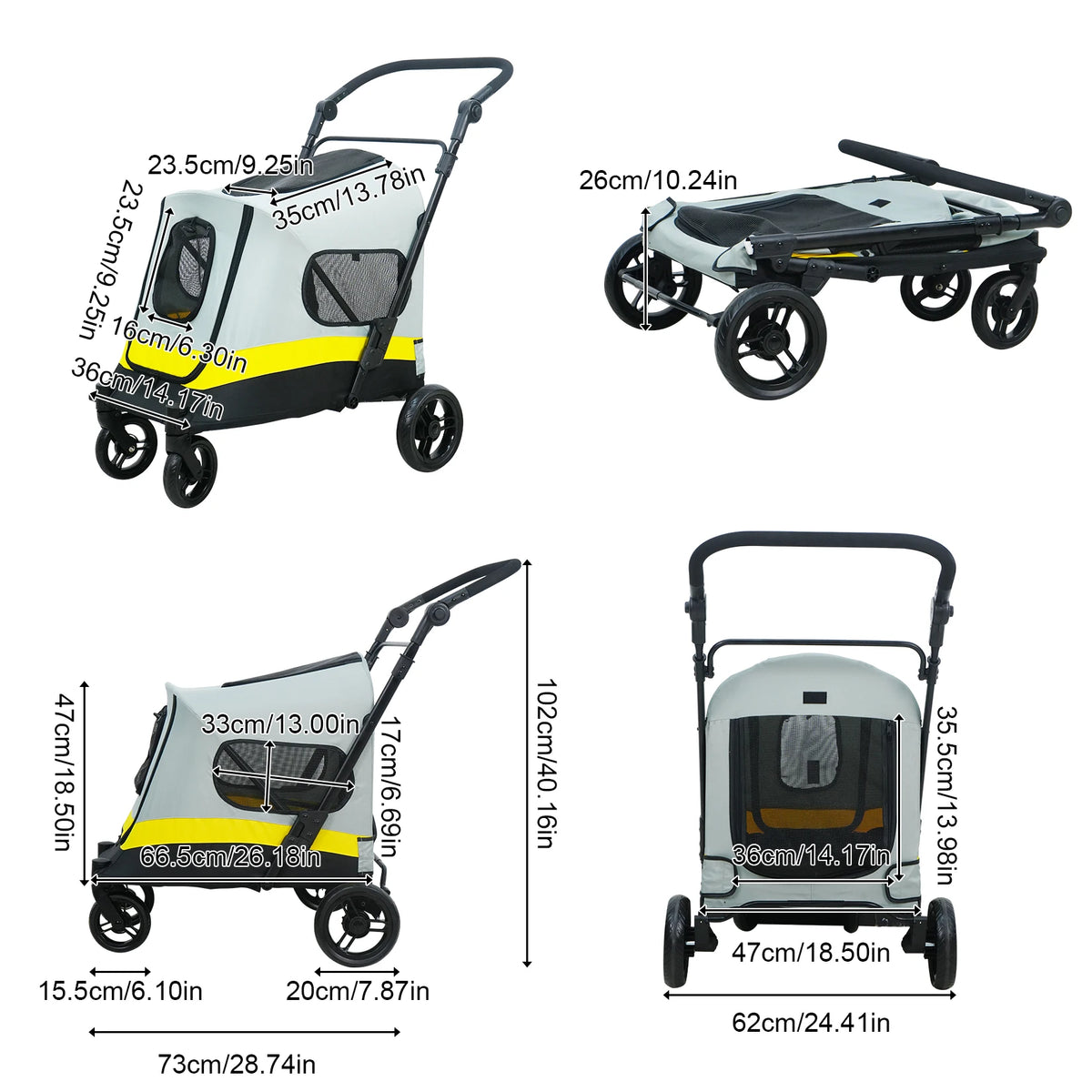 Four Wheeled Foldable Pet Stroller With Breathable Mesh Panels