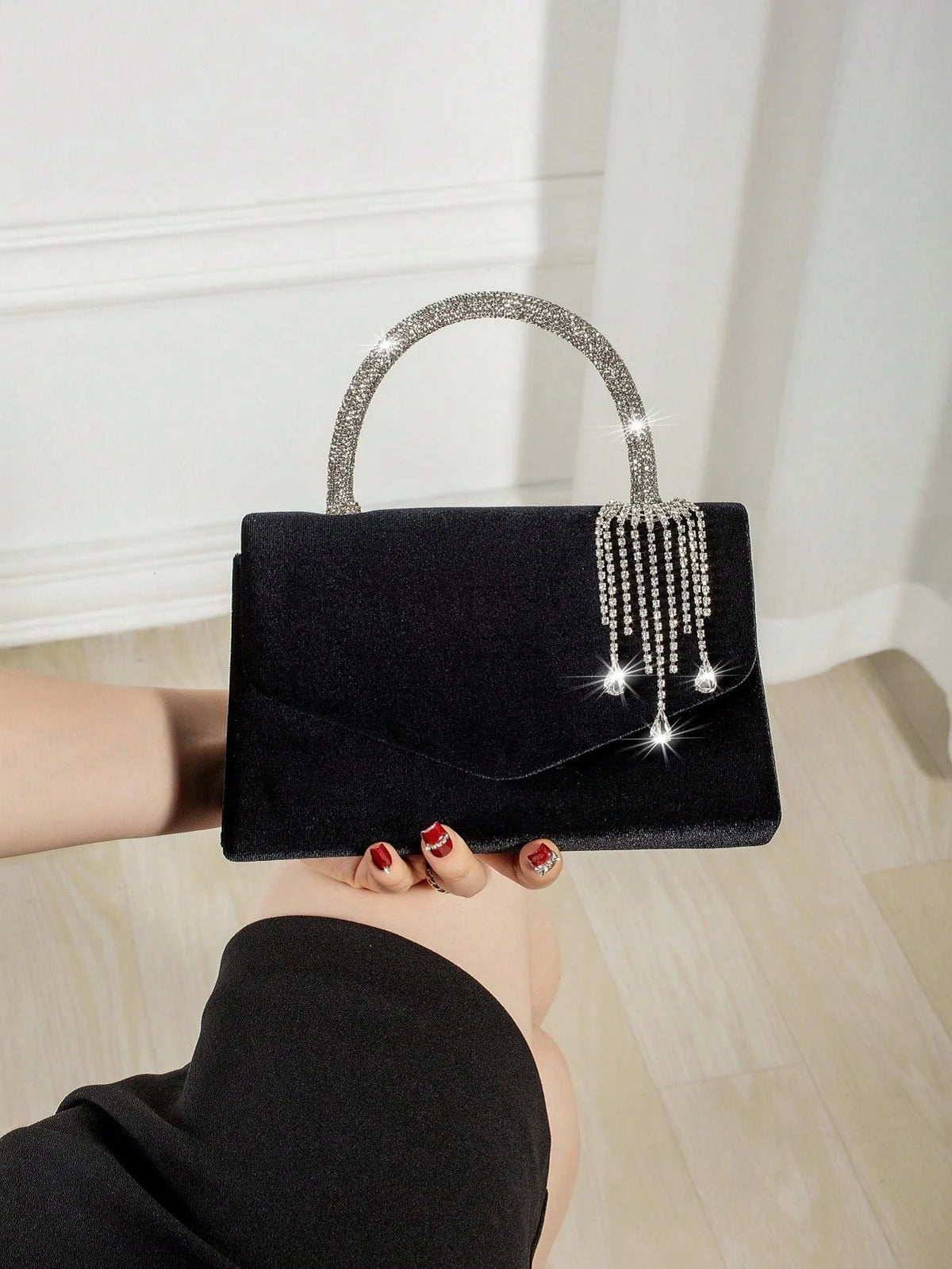 Velvet Envelope Clutch With Rhinestone Tassel And Crossbody Chain