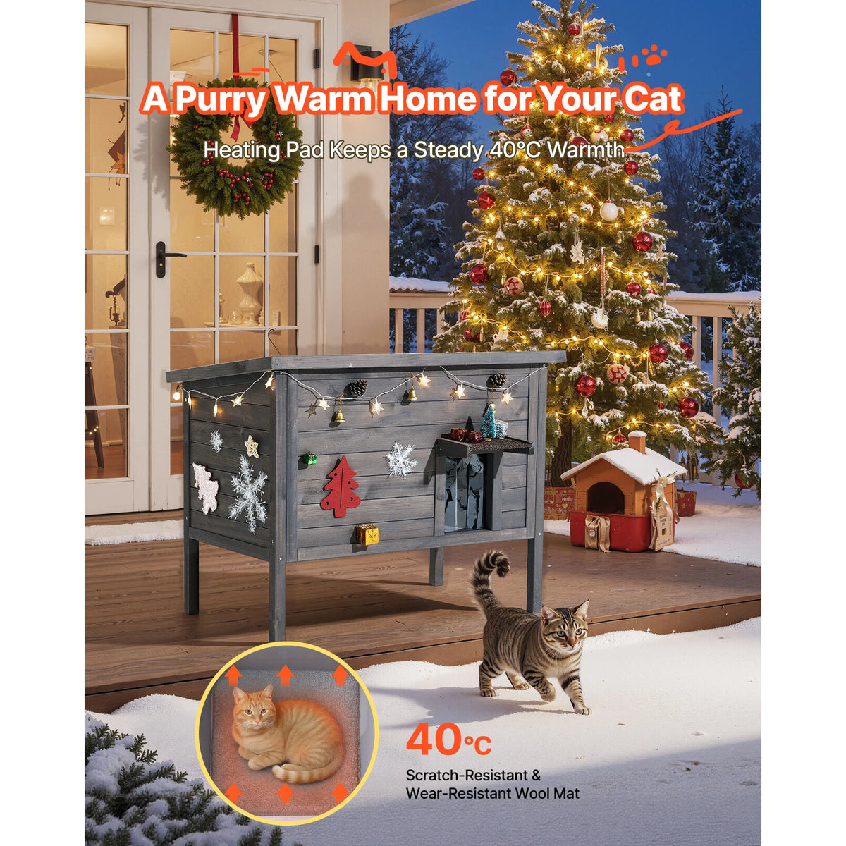 SucceBuy Heated Outdoor Wooden Cat House With Heating Pad