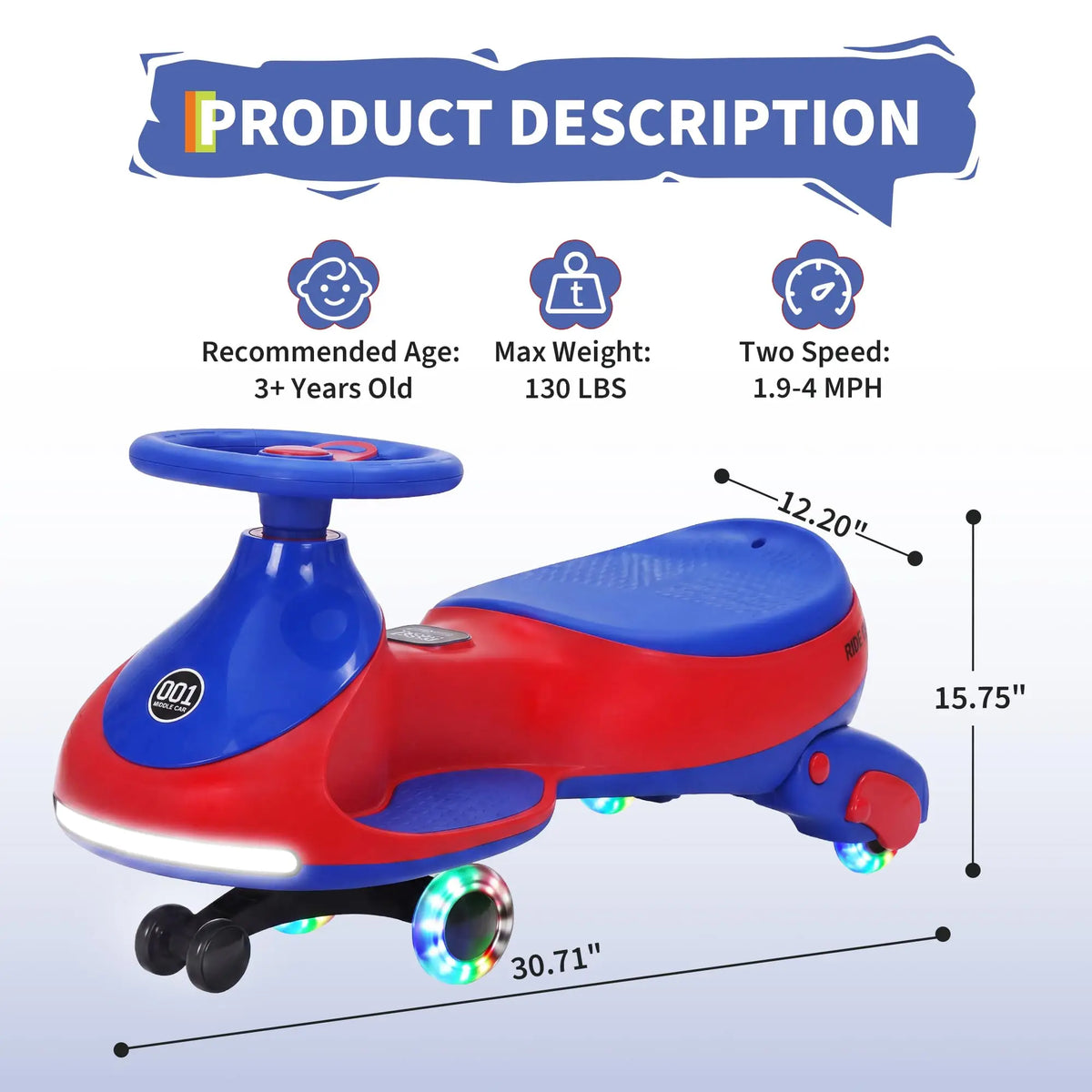 12V Electric Wiggle Car Kids With Pedal, 2 in 1 Rechargeable Ride On Swing Car, LED Wheels, Music, Touchscreen, 2 Speeds