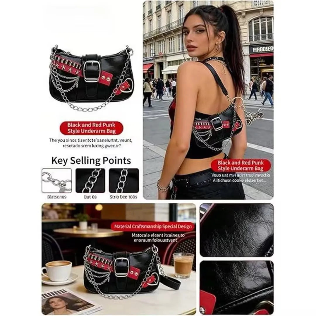 Punk Chain Rivet Underarm Shoulder Crossbody Handbag for Women