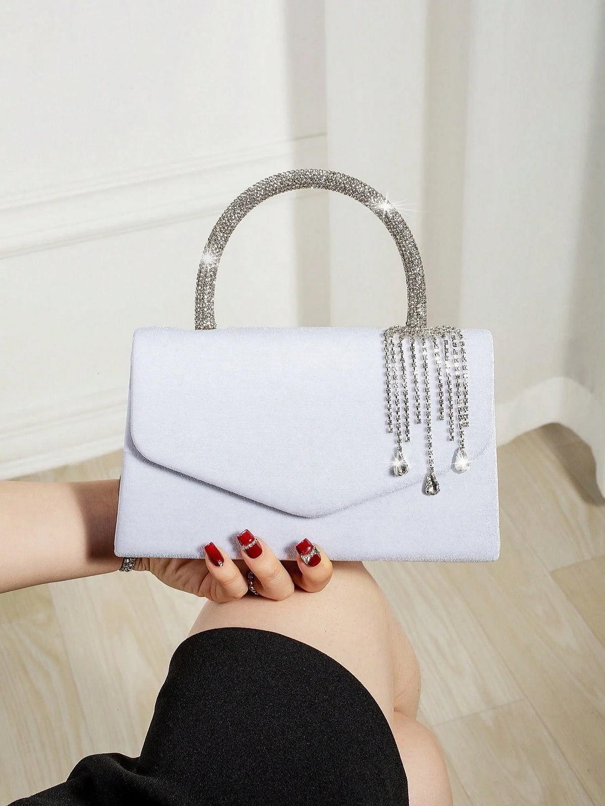 Velvet Envelope Clutch With Rhinestone Tassel And Crossbody Chain