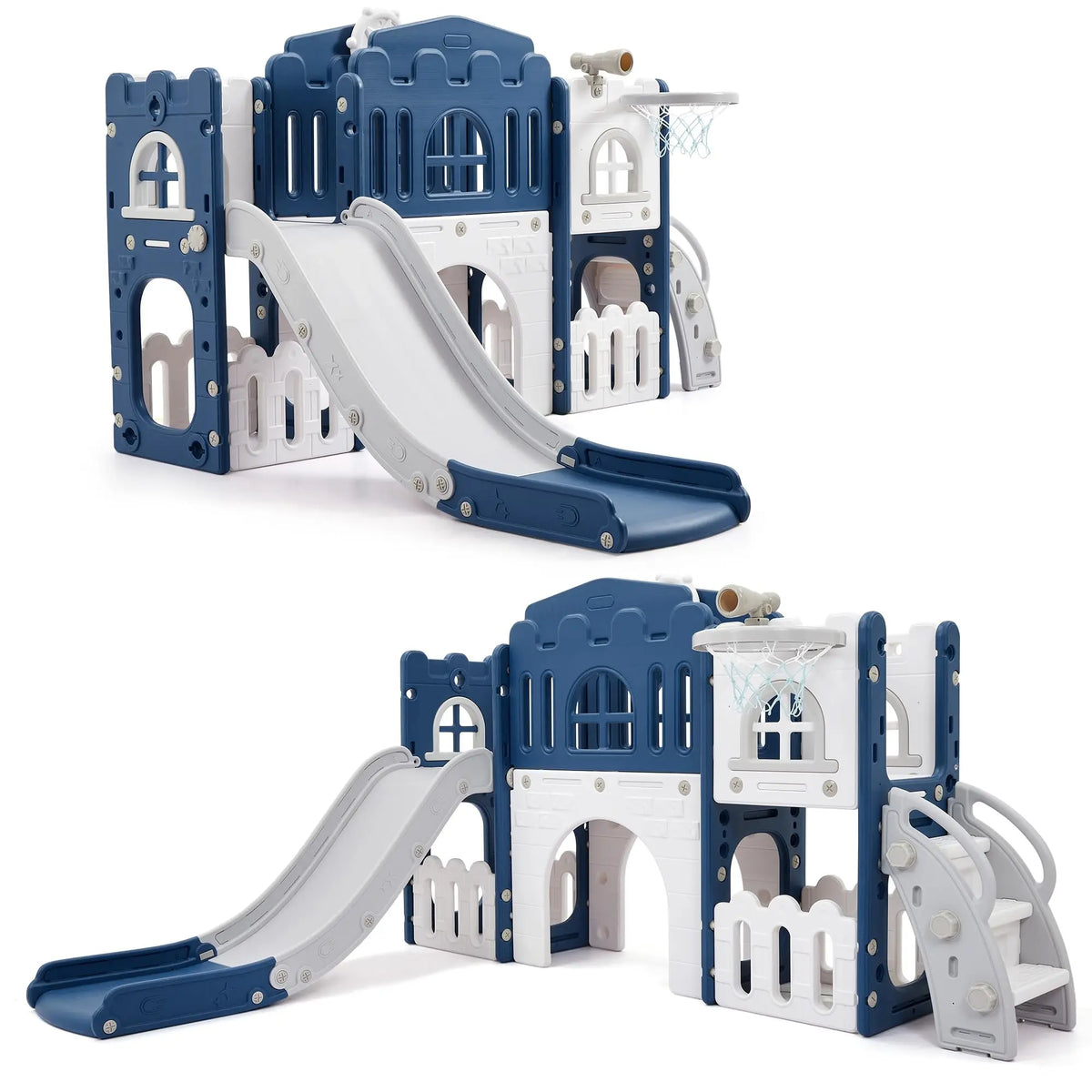 8 In 1 Toddler Slide Indoor Outdoor Playset Kids Climber Crawl Tunnel Basketball Hoop Telescope Steering Wheel Toy Storage Ages 1-3