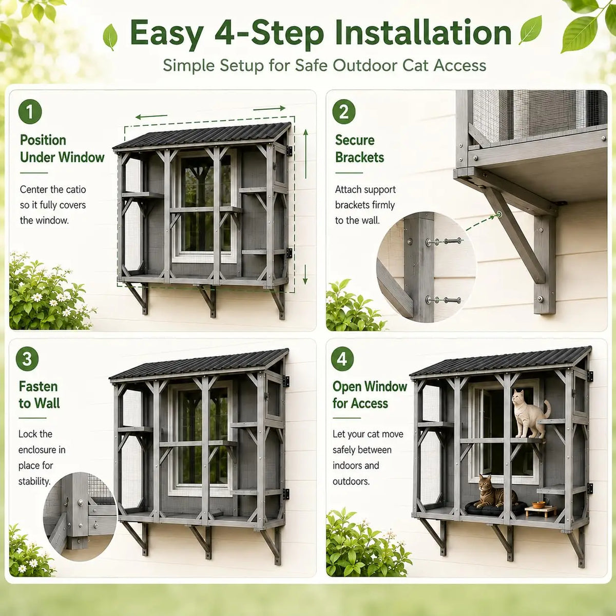 HiMISS Wooden Window Cat Enclosure With Durable Steel Mesh Roof