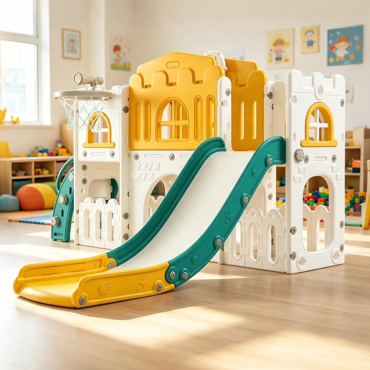 8 In 1 Toddler Slide Indoor Outdoor Playset Kids Climber Crawl Tunnel Basketball Hoop Telescope Steering Wheel Toy Storage Ages 1-3