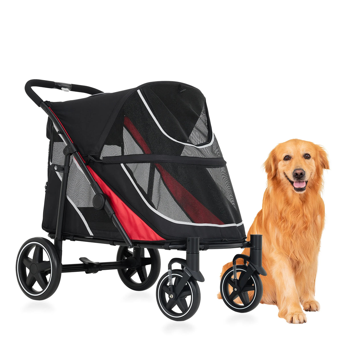 Foldable Dog Stroller With Adjustable Canopy And Ventilated Design
