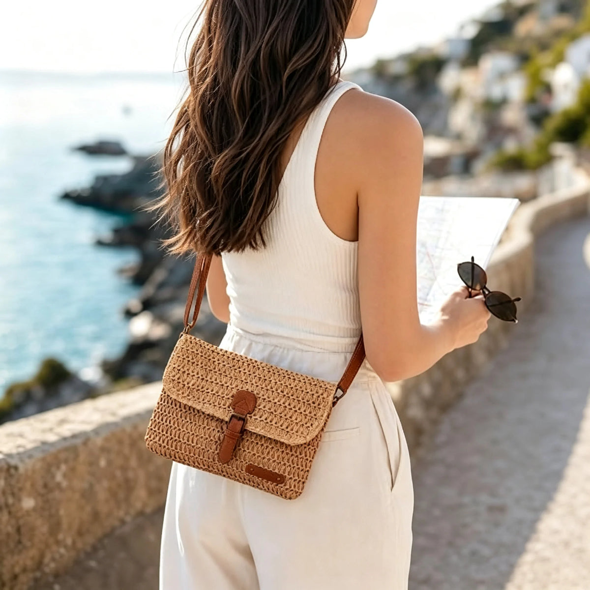 Womens Woven Straw Crossbody Bag With Flap Buckle Closure