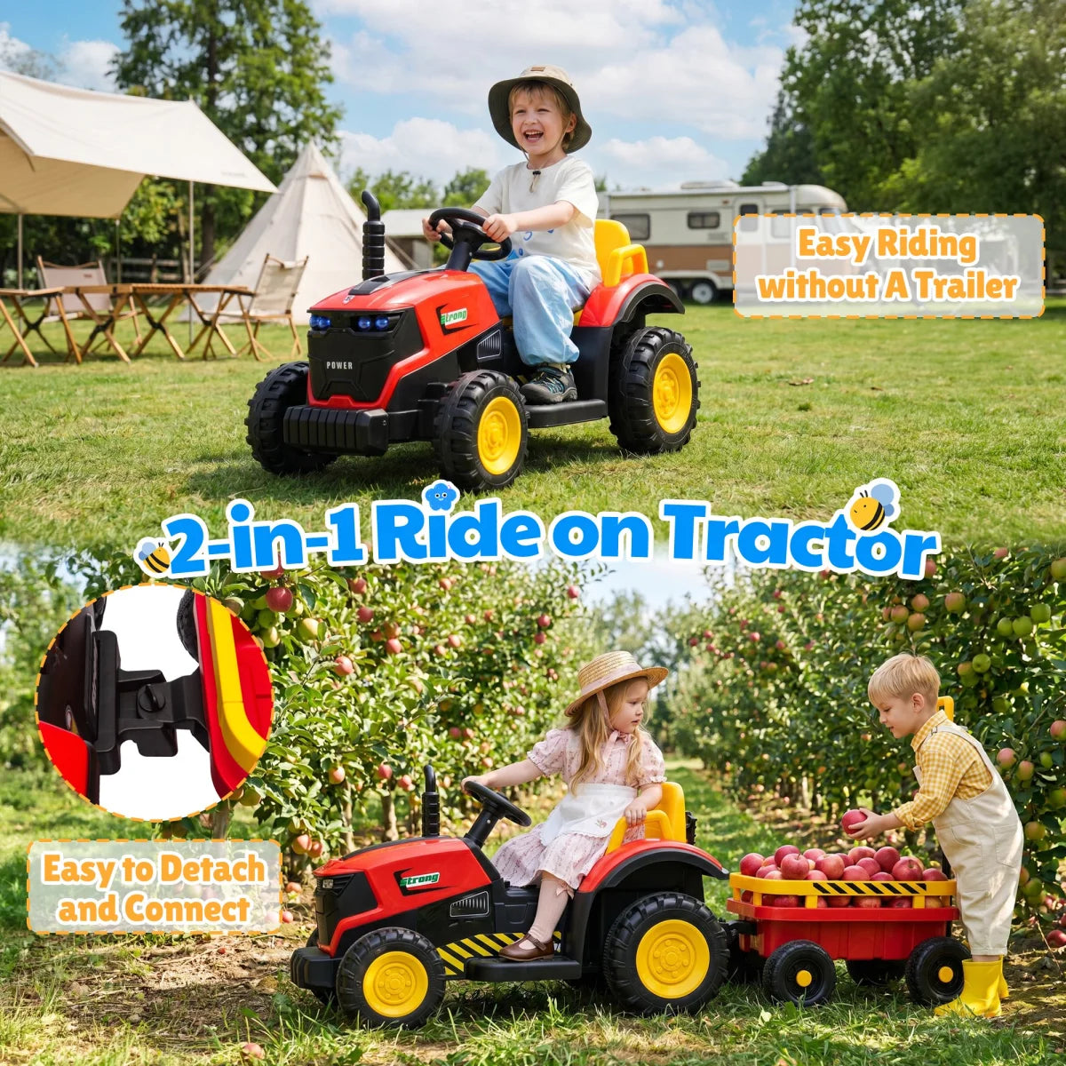 12V Kids Electric Ride On Tractor With Removable Trailer, Remote Control & Manual Drive 2 Modes, Bluetooth Music LED Light, Children Farm Ride‑on Car Toy Holiday Gift for Kids Boys Girls