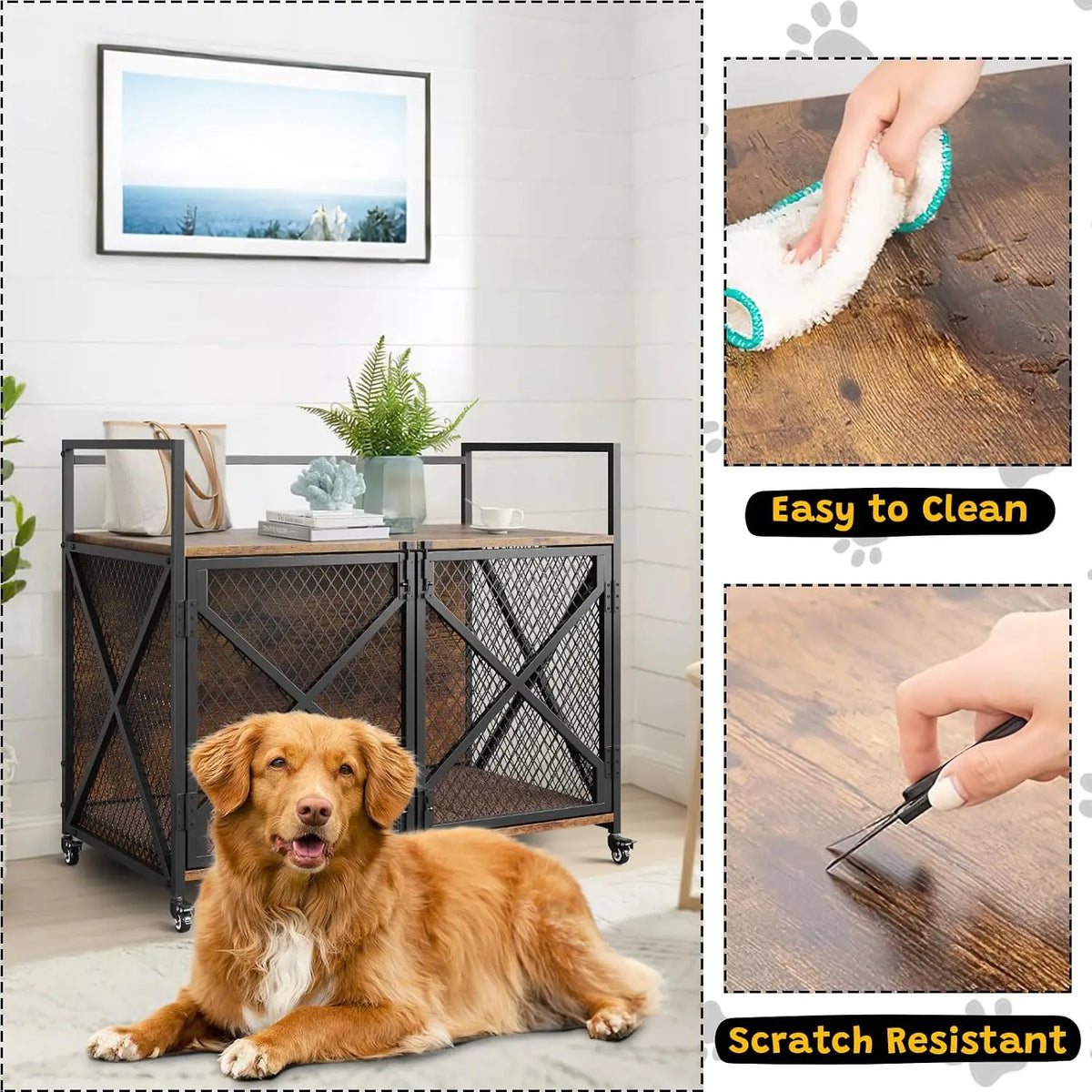 Garvee Heavy Duty Rolling Dog Crate Furniture With Double Doors