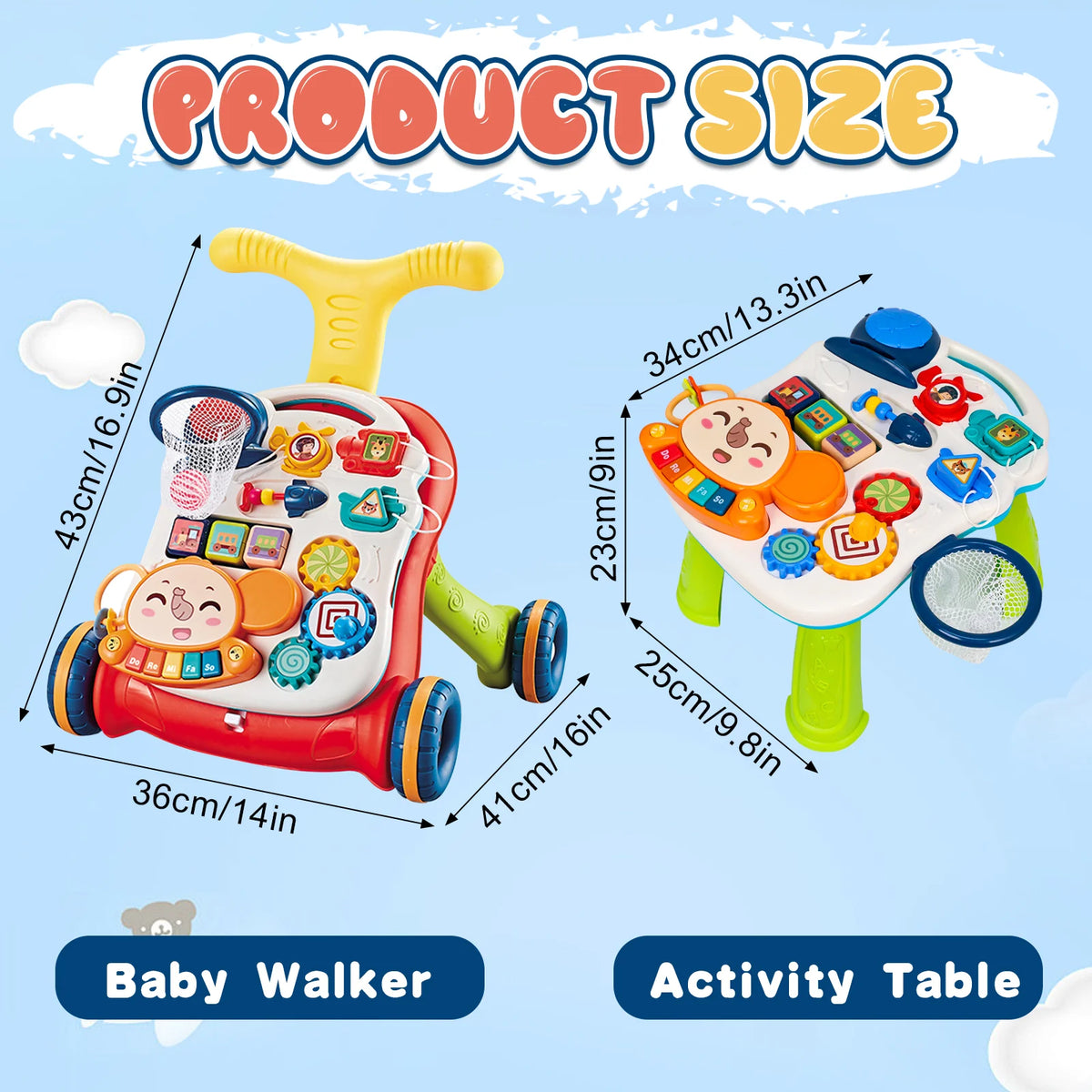 3-in-1 Multifunctional Toddler Walking Cart, Interactive Early Learning Push Toy to Help Baby Walk, Gentle Music, Adjustable Speed, Non-Slip Wheels, Educational Activity Center