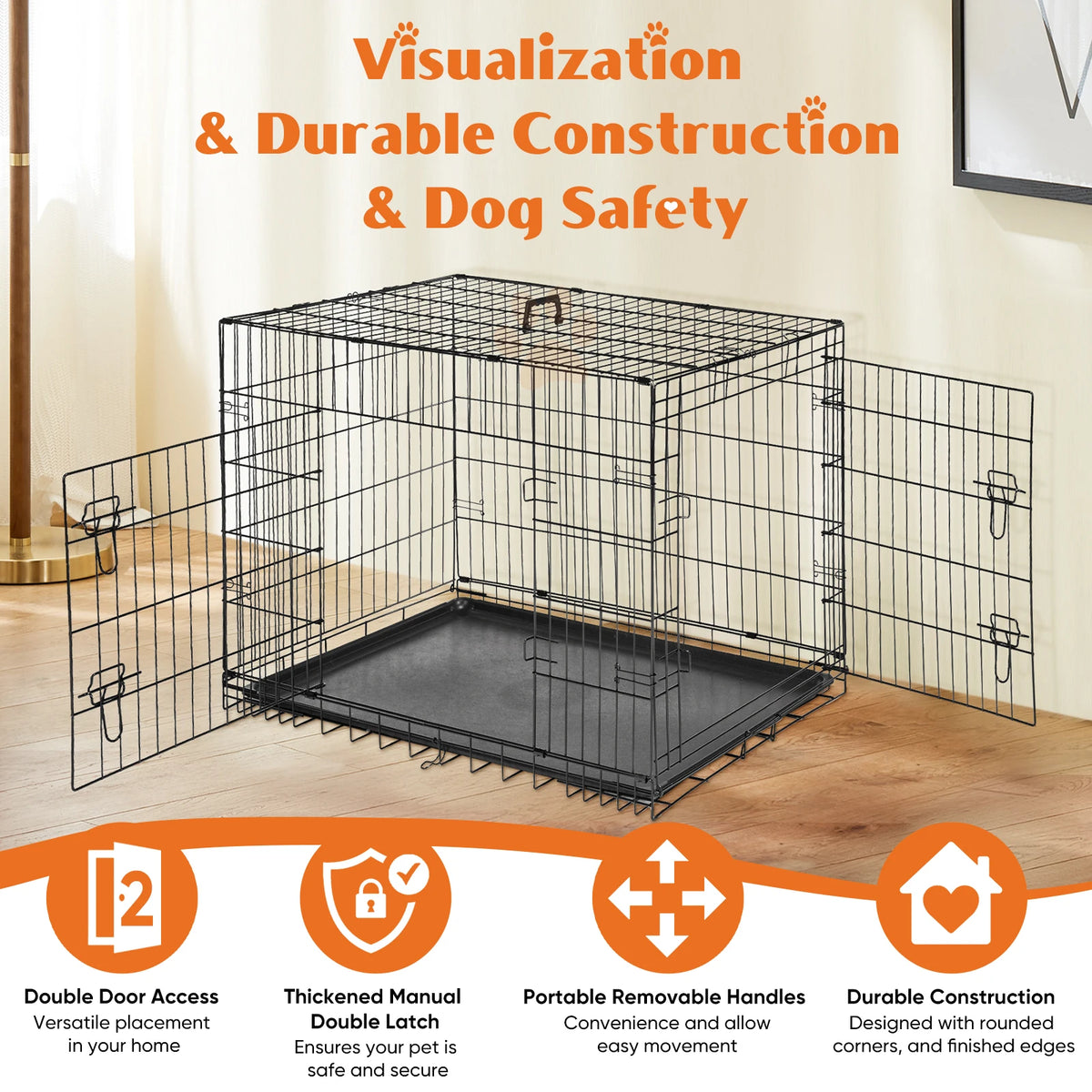 JHK Double Door Folding Metal Dog Cage With Secure Tray