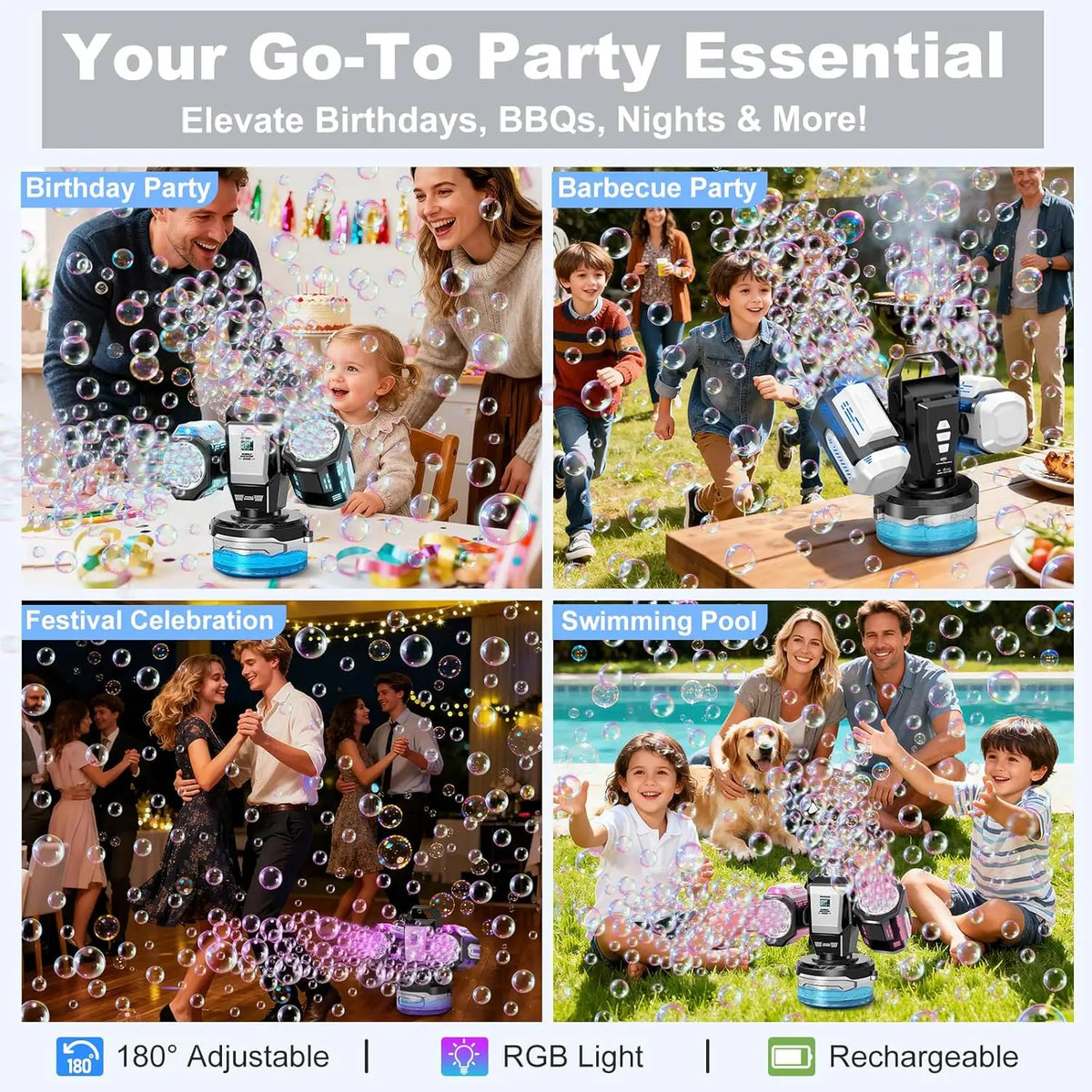 BELEMAR 2026 Upgraded Bubble Machine: Auto Rotation, RGB Lights, Remote Control, 1800mAh Battery, Type-C Port