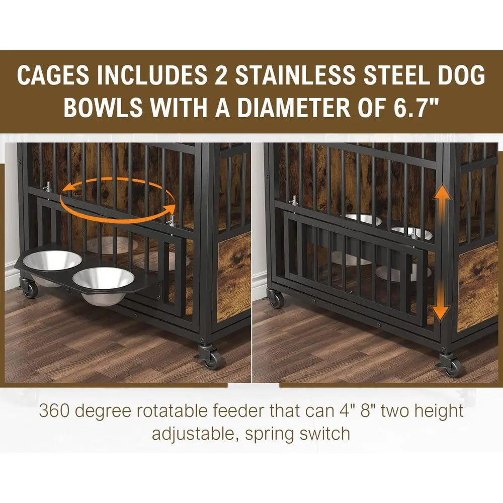 Heavy Duty Dog Crate Furniture With Stainless Steel Bowls